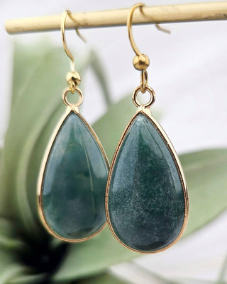 Moss Agate Tear Drop Earrings - Natural Gemstone Earrings - Meaningful Affirmation Jewelry