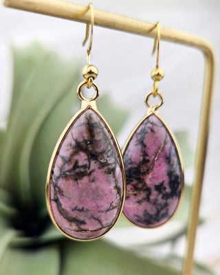 Gratitude Affirmation Jewelry with Natural Rhodonite Tear Drop Gemstone Earrings