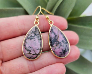 Gratitude Affirmation Jewelry with Natural Rhodonite Tear Drop Gemstone Earrings