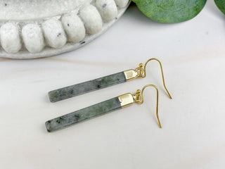 Labradorite Bar Earrings: Gold Stainless Steel, Transformation Crystal