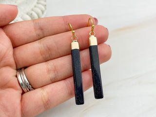 Blue Goldstone Bar Earrings: Gold Stainless Steel, Geometric Dangles