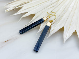 Blue Goldstone Bar Earrings: Gold Stainless Steel, Geometric Dangles