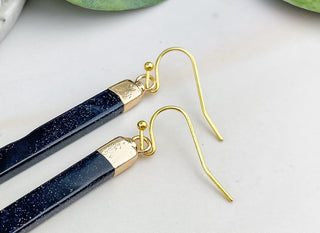 Blue Goldstone Bar Earrings: Gold Stainless Steel, Geometric Dangles