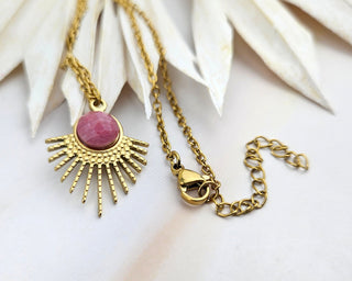 Rhodonite Gemstone Sunburst Necklace: Stainless Steel Celestial Pendant