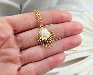 Moonstone Sunburst Pendant Necklace: Stainless Steel Celestial Jewelry