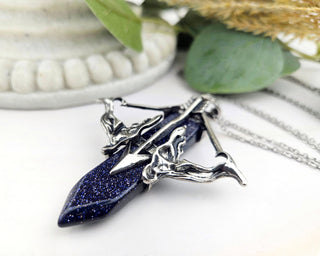 Blue Goldstone Archery Necklace: Stainless Steel Bow & Arrow Pendant