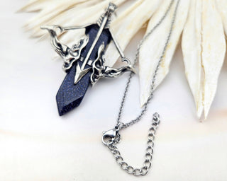 Blue Goldstone Archery Necklace: Stainless Steel Bow & Arrow Pendant