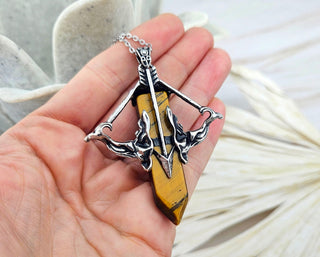 Tiger's Eye Pendant Necklace: Silver Bow Arrow Charm, 24-Inch Chain