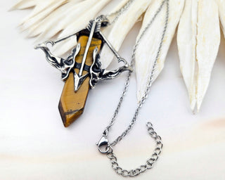 Tiger's Eye Pendant Necklace: Silver Bow Arrow Charm, 24-Inch Chain