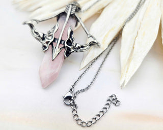 Rose Quartz Bow and Arrow Necklace: Stainless Steel Archery Jewelry
