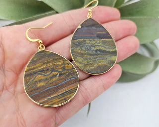 Flat Teardrop Earrings - Tigers Eye / Power