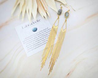 Labradorite Tassel Earrings: Gold Fringe Chandelier Earrings
