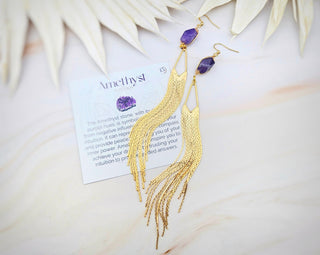 Long Amethyst Fringe Earrings - Gemstone 18K Gold Tassel Earrings - Gold Chandelier Earrings - Affirmation Jewelry