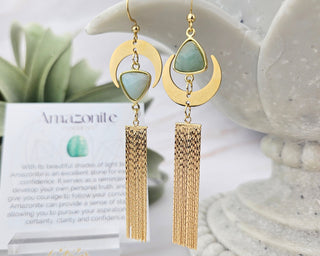 Asymmetrical Amazonite Earrings: Gold Crescent Moon Tassel Earrings