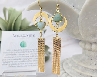 Asymmetrical Amazonite Earrings: Gold Crescent Moon Tassel Earrings