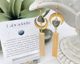 Long Labradorite Earrings: Mismatched Moon Tassel Design