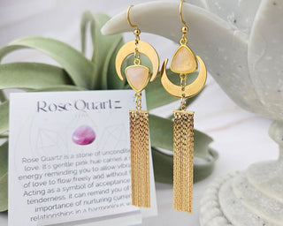 Asymmetrical Rose Quartz Tassel Earrings: Gold Crescent Moon Jewelry