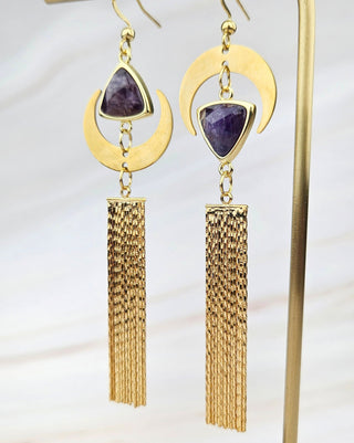 Asymmetrical Amethyst Earrings: Gold Crescent Moon Tassel Earrings