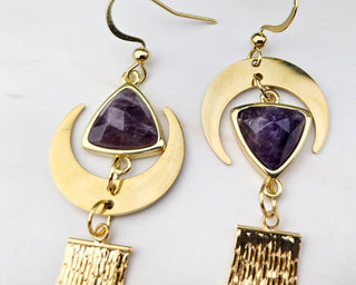 Asymmetrical Amethyst Earrings: Gold Crescent Moon Tassel Earrings