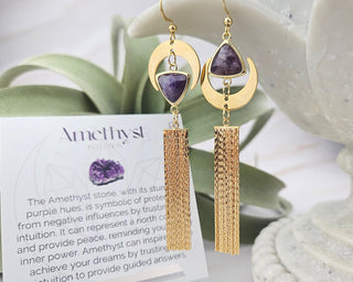 Asymmetrical Amethyst Earrings: Gold Crescent Moon Tassel Earrings