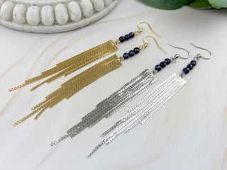 Blue Goldstone Tassel Earrings: Gemstone Duster Chain - Stainless Steel