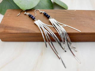 Blue Goldstone Tassel Earrings: Gemstone Duster Chain - Stainless Steel