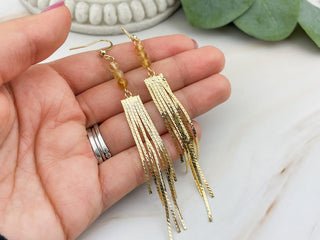 Elegant Citrine Gemstone Tassel Earrings with Affirmation Card - Mindfulness Gift in Silver or Gold