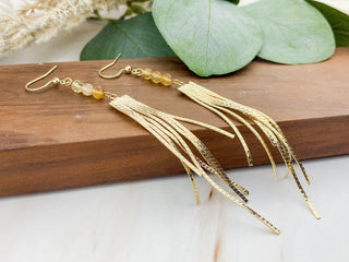 Elegant Citrine Gemstone Tassel Earrings with Affirmation Card - Mindfulness Gift in Silver or Gold