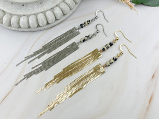 Dalmatian Jasper Fringe Earrings: Gold or Silver, Stainless Steel