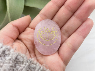 Rose Quartz Worry Stone: Gold Moon Engraved Palm Stone