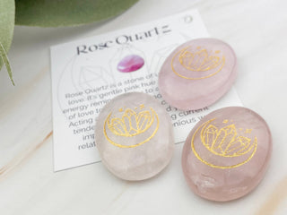 Rose Quartz Worry Stone: Gold Moon Engraved Palm Stone
