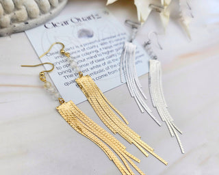 Clear Quartz Waterfall Earrings: Long Chain Tassel Boho Jewelry