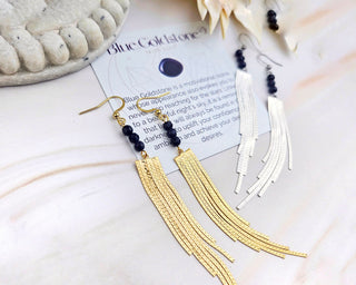 Blue Goldstone Tassel Earrings: Gemstone Duster Chain - Stainless Steel