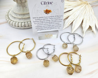 Citrine Hoop Earrings: Natural Gemstone, Stainless Steel, Hypoallergenic