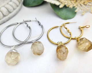 Citrine Hoop Earrings: Natural Gemstone, Stainless Steel, Hypoallergenic