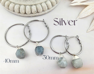 Aquamarine Dangle Hoop Earrings: Stainless Steel, Natural Gemstone
