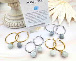 Aquamarine Dangle Hoop Earrings: Stainless Steel, Natural Gemstone