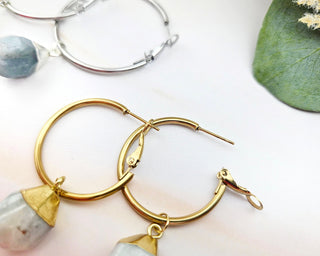 Aquamarine Dangle Hoop Earrings: Stainless Steel, Natural Gemstone