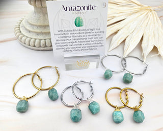 Amazonite Earrings - Leverback Dangle Hoops - Raw Crystal Gemstone Jewelry (021)