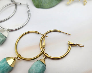 Amazonite Earrings - Leverback Dangle Hoops - Raw Crystal Gemstone Jewelry (021)