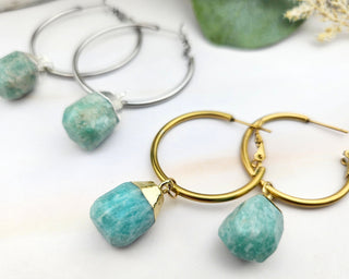 Amazonite Earrings - Leverback Dangle Hoops - Raw Crystal Gemstone Jewelry (021)