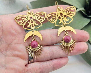 Rhodonite Earrings - Crescent Moon Earrings - Egyptian Jewelry - Moon Phase Earrings (019)