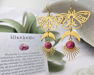 Rhodonite Earrings - Crescent Moon Earrings - Egyptian Jewelry - Moon Phase Earrings (019)