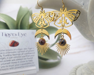 Luna Moth Tigers Eye Earrings: Gold Crescent Moon Celestial Jewelry