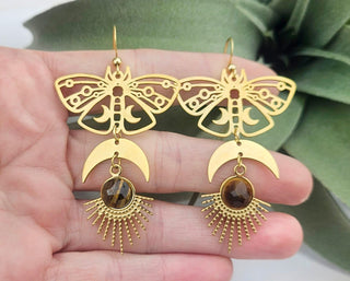 Luna Moth Tigers Eye Earrings: Gold Crescent Moon Celestial Jewelry