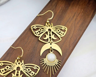 Moonstone Moth Earrings: Stainless Steel Crescent Moon Sunburst Pendant