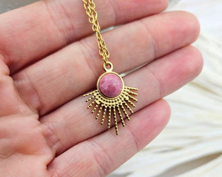 Rhodonite Gemstone Sunburst Necklace: Stainless Steel Celestial Pendant