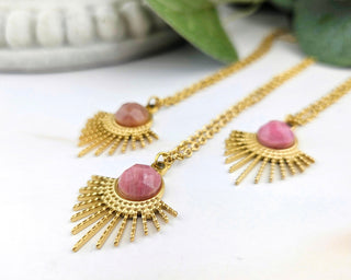 Rhodonite Gemstone Sunburst Necklace: Stainless Steel Celestial Pendant