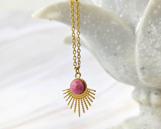 Rhodonite Gemstone Sunburst Necklace: Stainless Steel Celestial Pendant