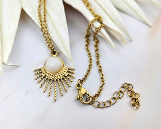 Moonstone Sunburst Pendant Necklace: Stainless Steel Celestial Jewelry